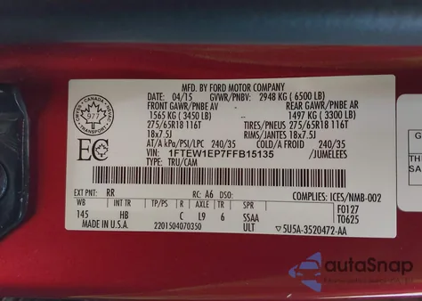 2015 Ford F-150 Lariat from USA, damaged, VIN 1FTEW1EP7FFB15135